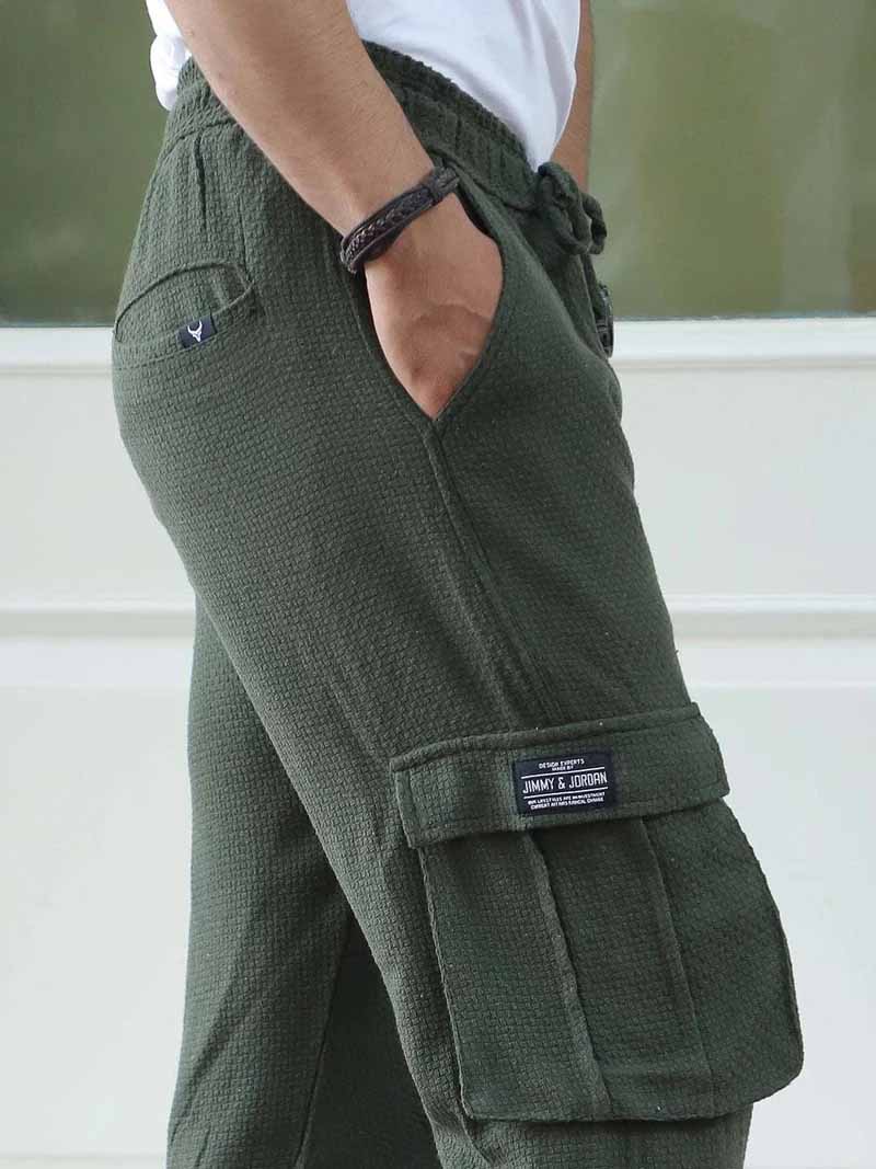 Mossveil Olive Green Baggy Fit Textured Trouser
