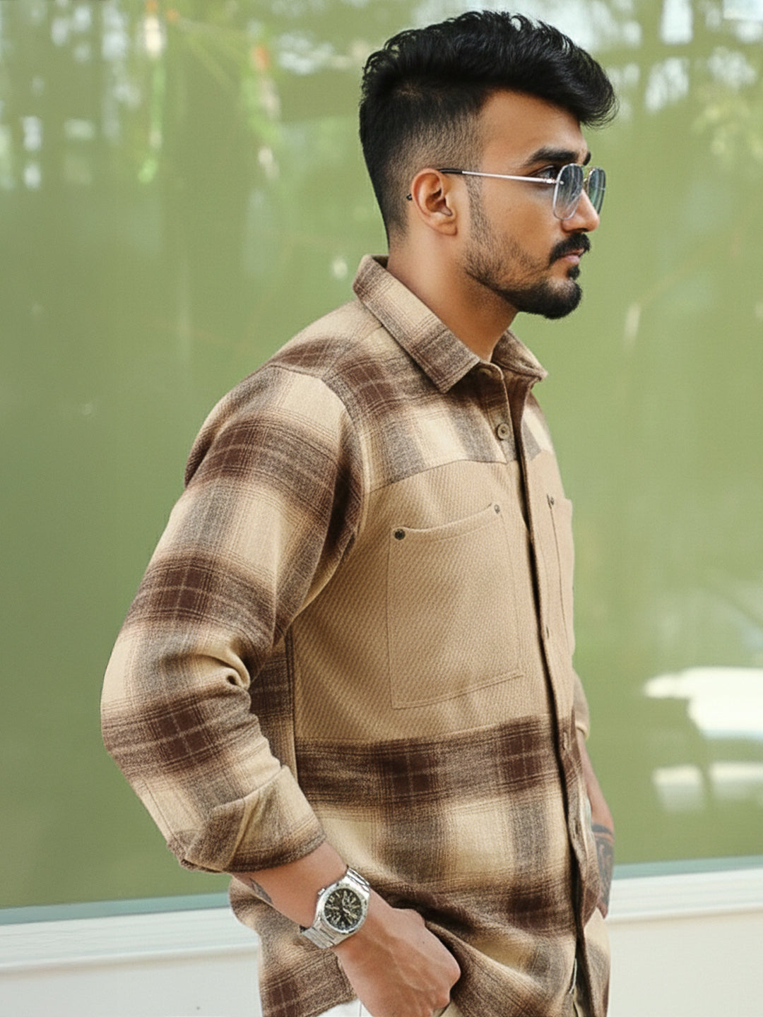 Thunderbird Almond Brown Check Full Sleeve Shirt