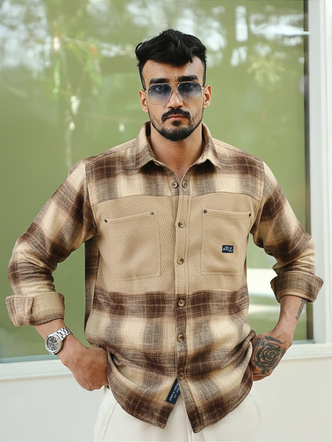 Thunderbird Almond Brown Check Full Sleeve Shirt