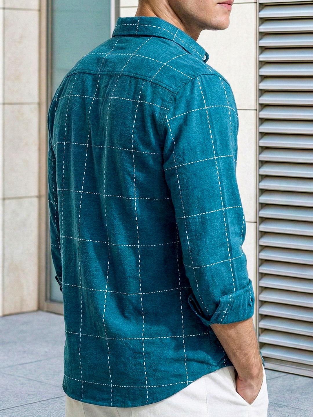 Skywave Teal Blue Check Full Sleeve Shirt