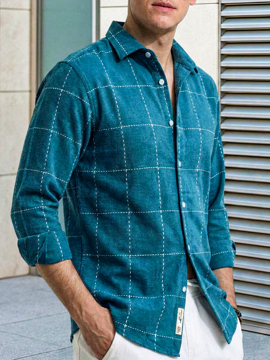 Skywave Teal Blue Check Full Sleeve Shirt