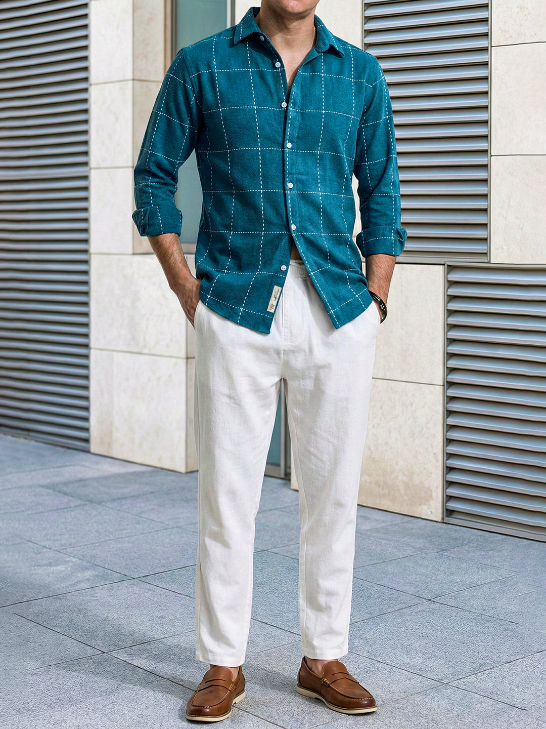 Skywave Teal Blue Check Full Sleeve Shirt