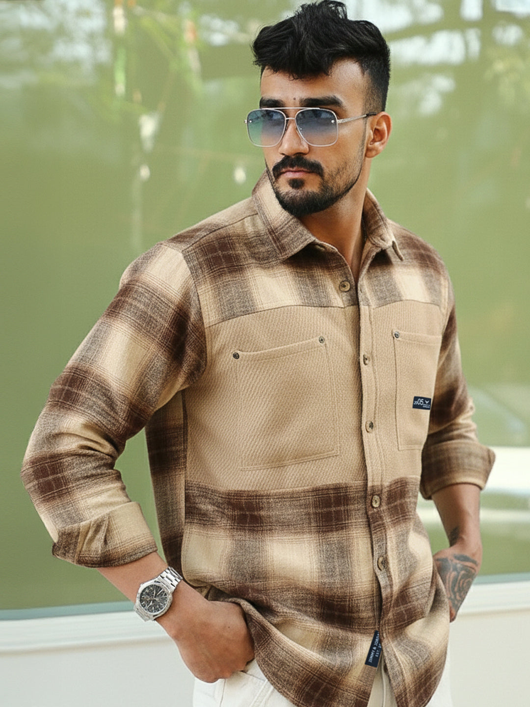 Thunderbird Almond Brown Check Full Sleeve Shirt
