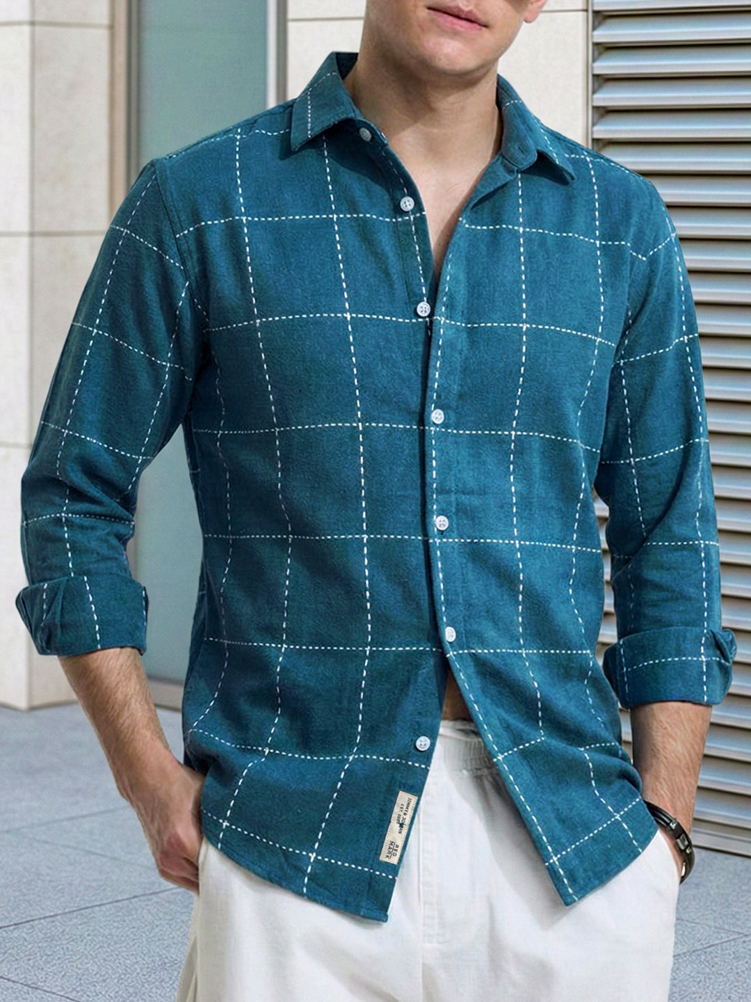 Skywave Teal Blue Check Full Sleeve Shirt