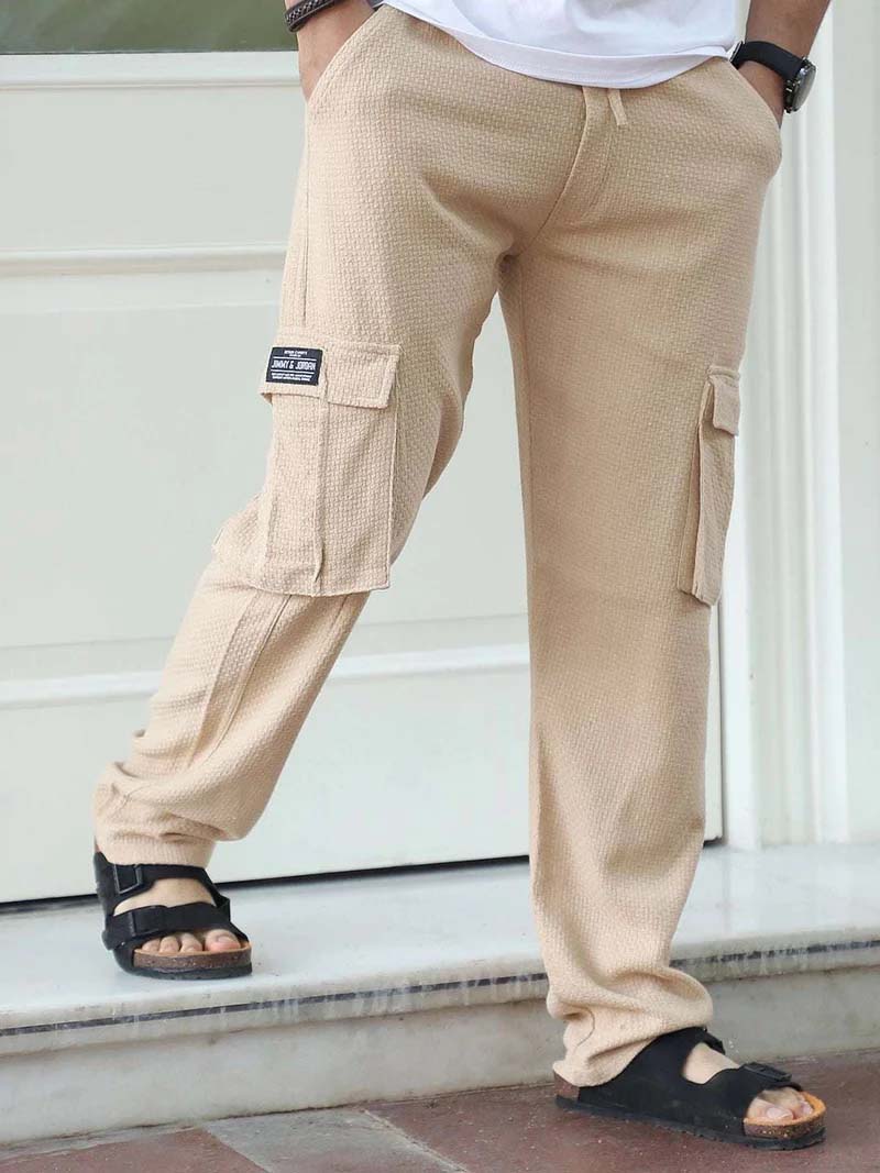 Mossveil Beige Baggy Fit Textured Trouser
