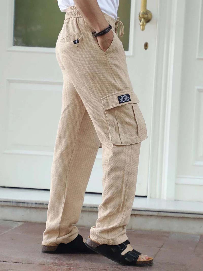 Mossveil Beige Baggy Fit Textured Trouser