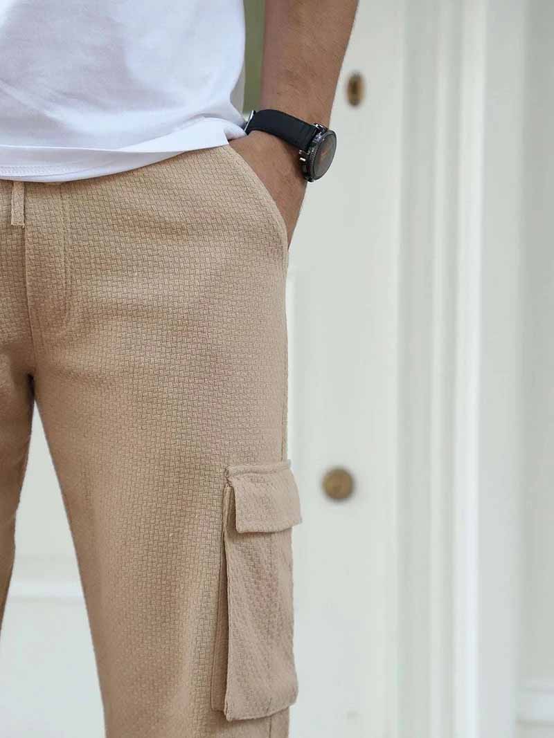 Mossveil Beige Baggy Fit Textured Trouser
