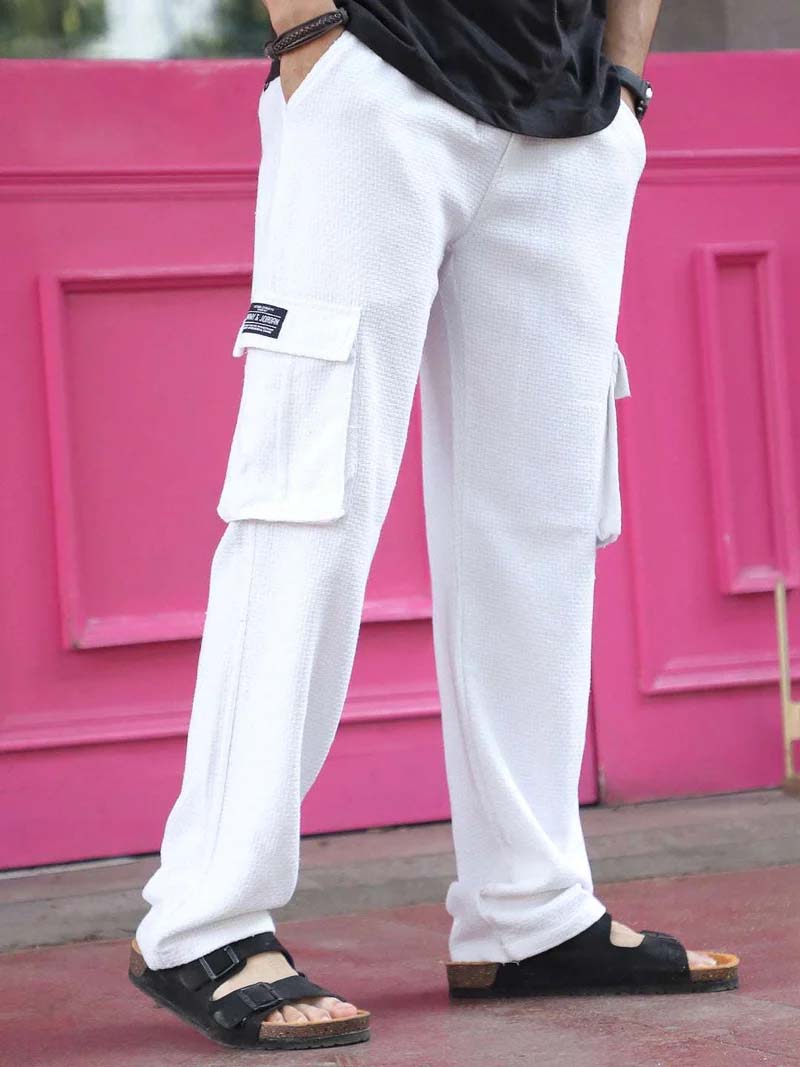Mossveil White Baggy Fit Textured Trouser