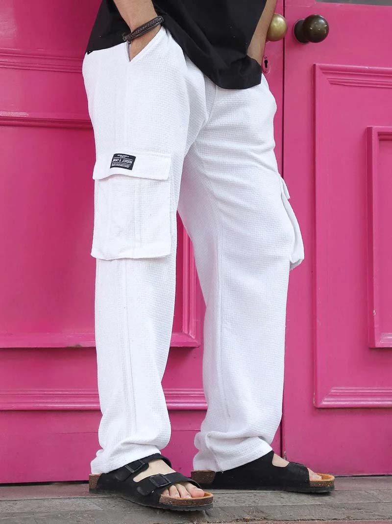 Mossveil White Baggy Fit Textured Trouser
