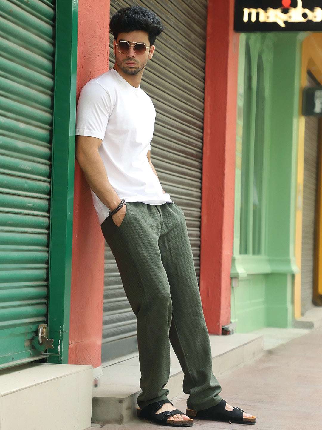 Aurelian Olive Green Baggy Fit Texture Trouser