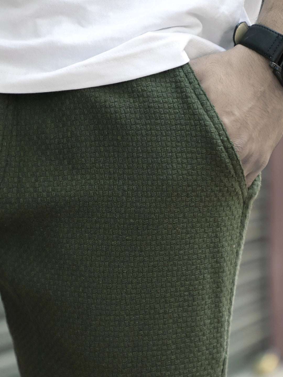 Aurelian Olive Green Baggy Fit Texture Trouser