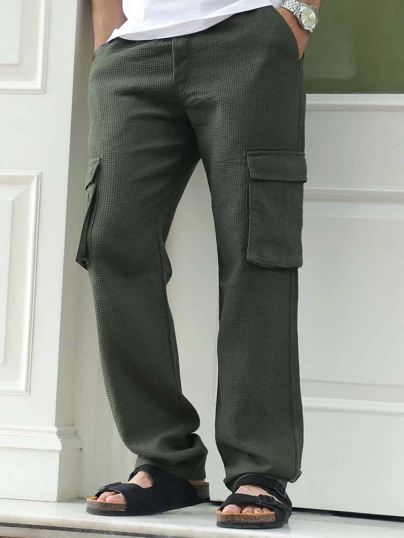 Tavrix Olive Green Baggy Fit Textured Trousers