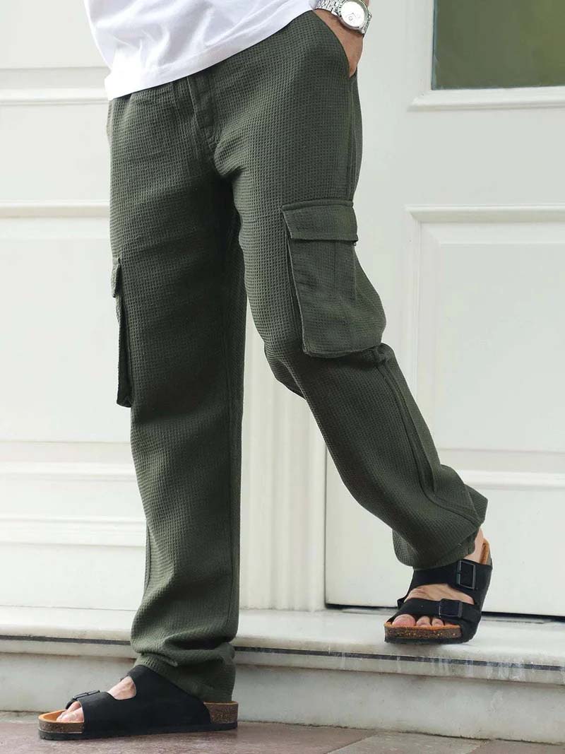 Tavrix Olive Green Baggy Fit Textured Trousers