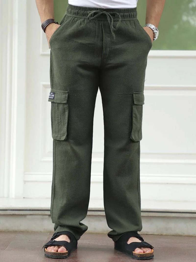 Tavrix Olive Green Baggy Fit Textured Trousers