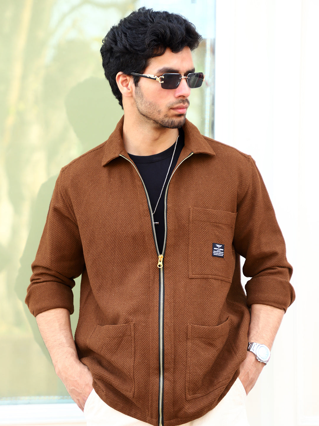 Honey Drift Brown Ribbed Shacket