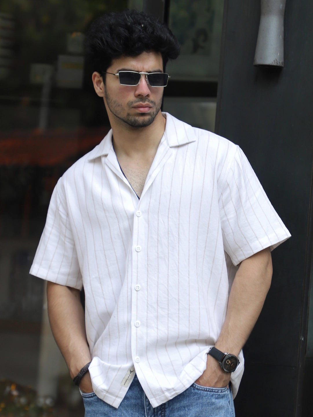Linen White Half Sleeve Stripe Shirt