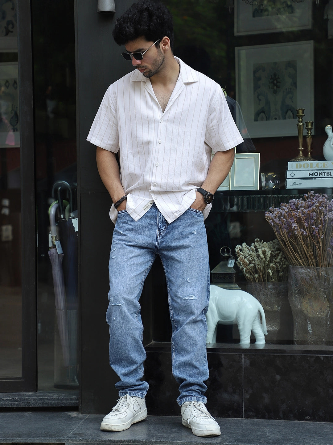 Linen White Half Sleeve Stripe Shirt