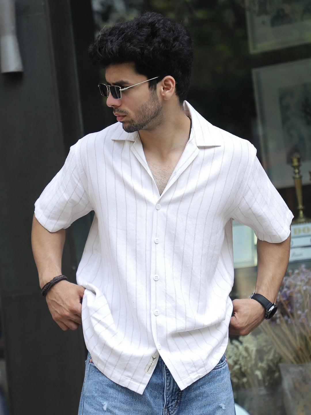 Linen White Half Sleeve Stripe Shirt