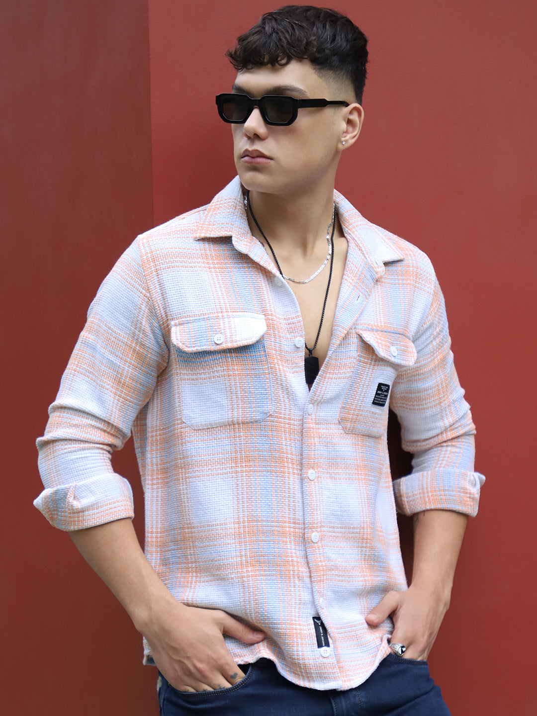 Bermingham Peach Check Full Sleeve Shirt