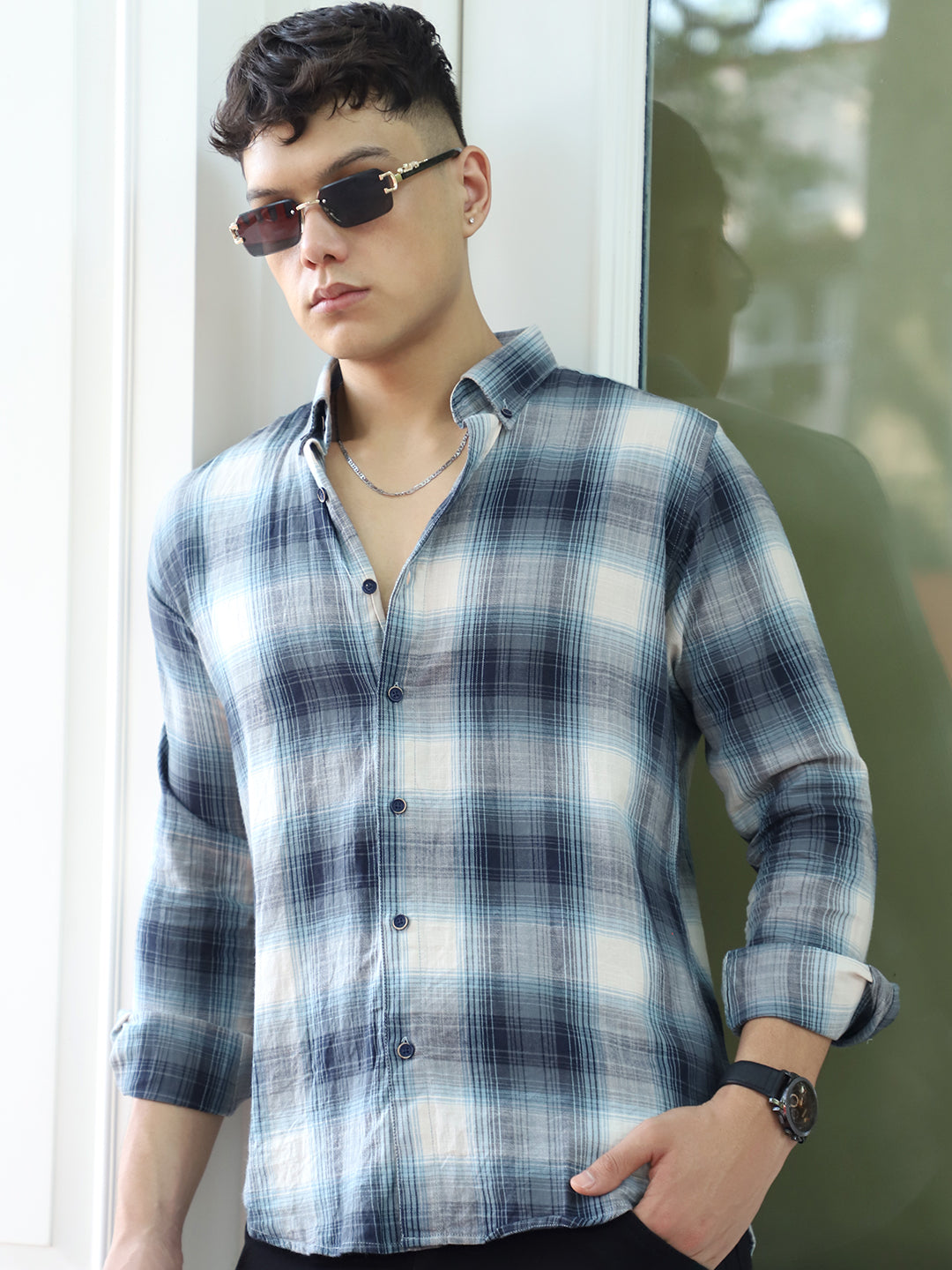 Obsidian Blue Cotton Check Shirt