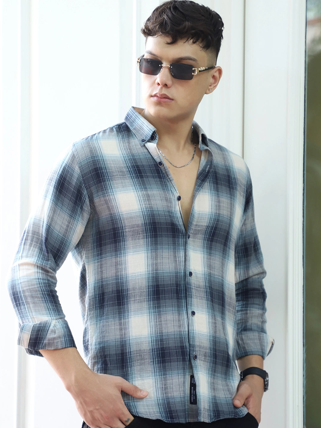 Obsidian Blue Cotton Check Shirt