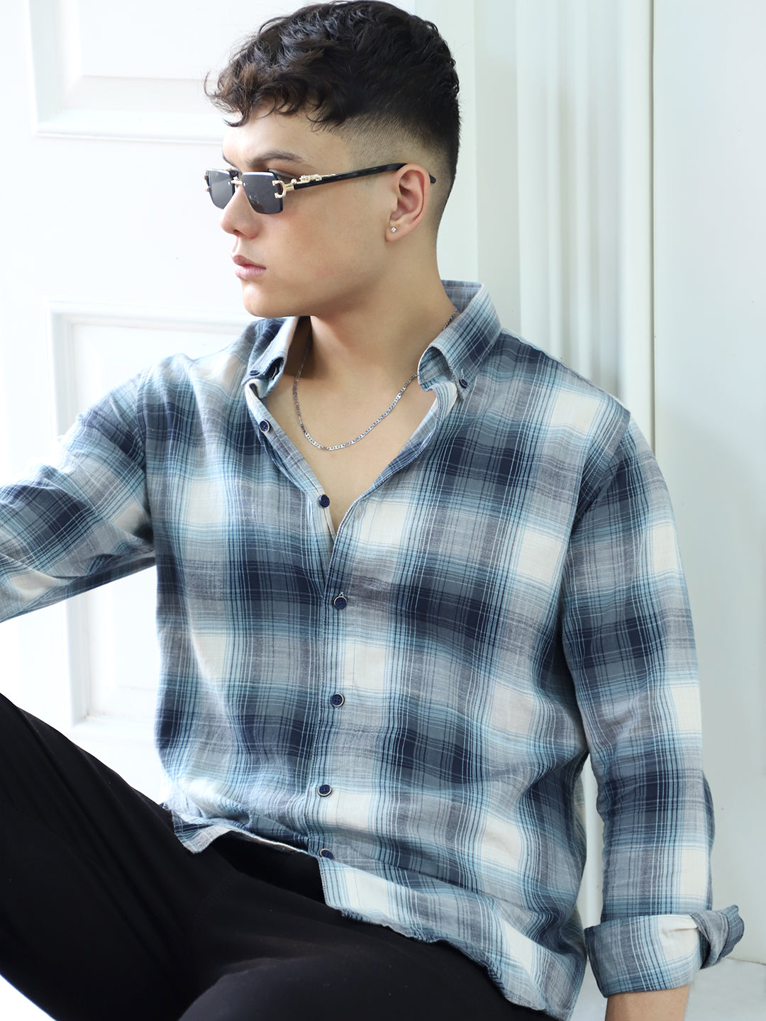 Obsidian Blue Cotton Check Shirt