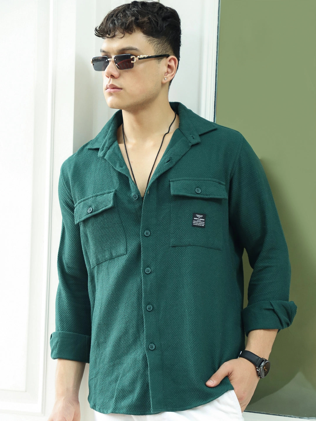 Tuscan Dark Green Texture Full Sleeve Shirt