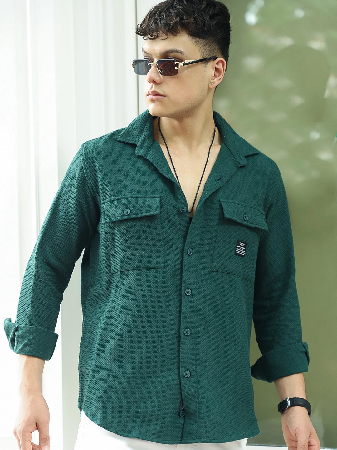 Tuscan Dark Green Texture Full Sleeve Shirt