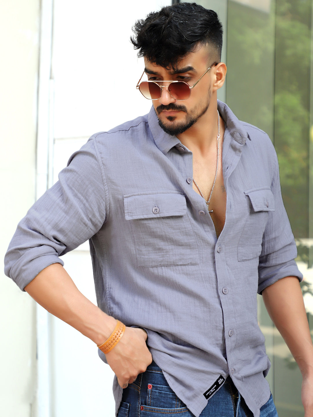 Vero Vibe Lucas Double Clothe Stone Blue Shirt