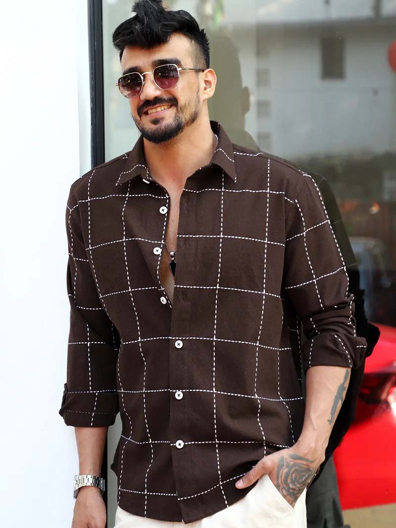 Skywave Dark Brown Check Full Sleeve Shirt