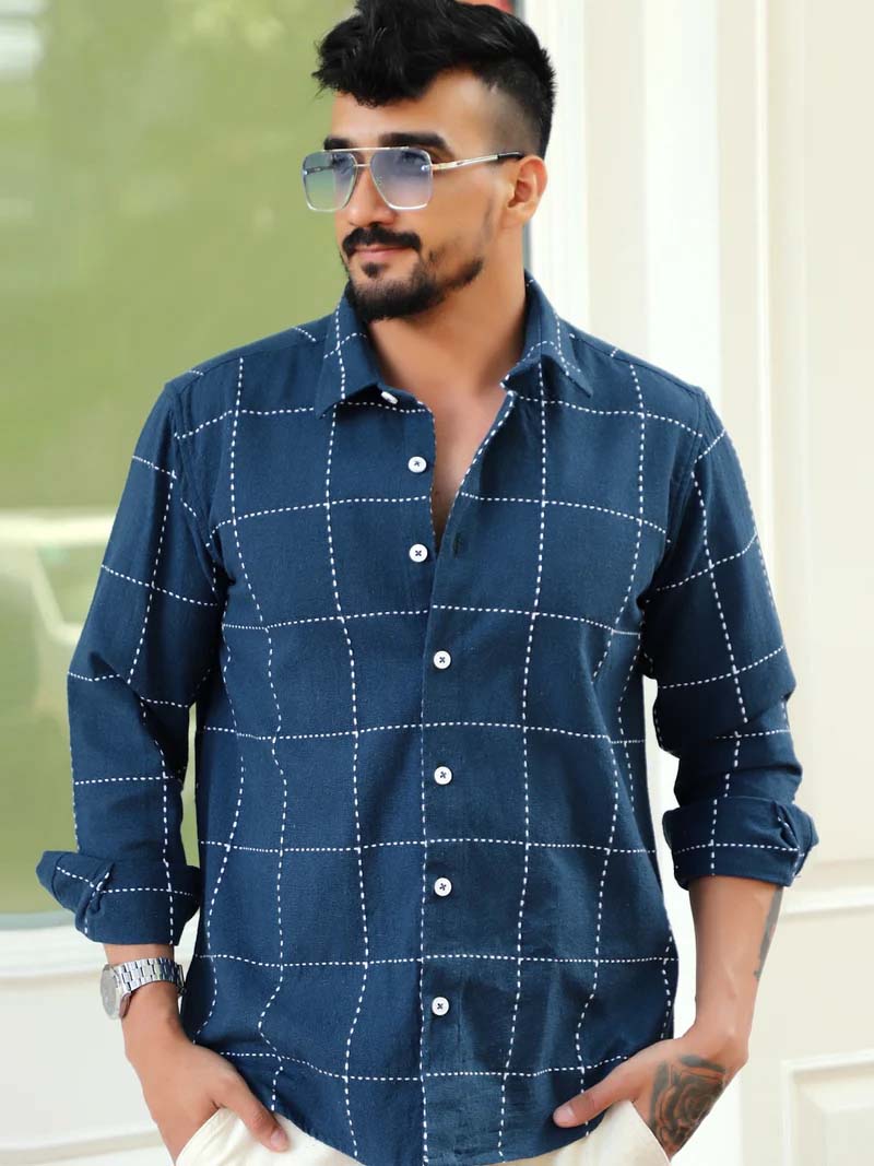 Skywave Teal Blue Check Full Sleeve Shirt