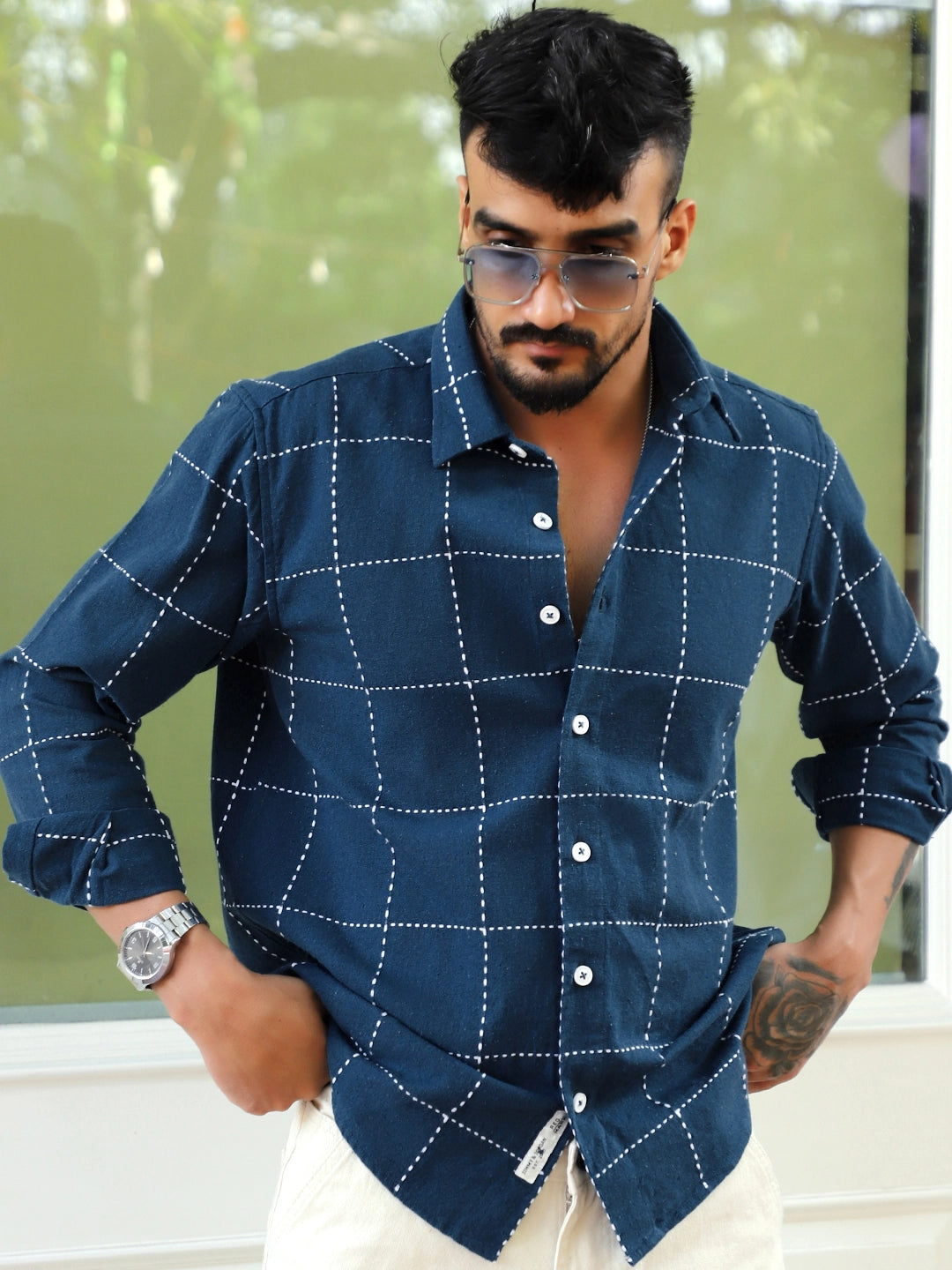 Skywave Teal Blue Check Full Sleeve Shirt