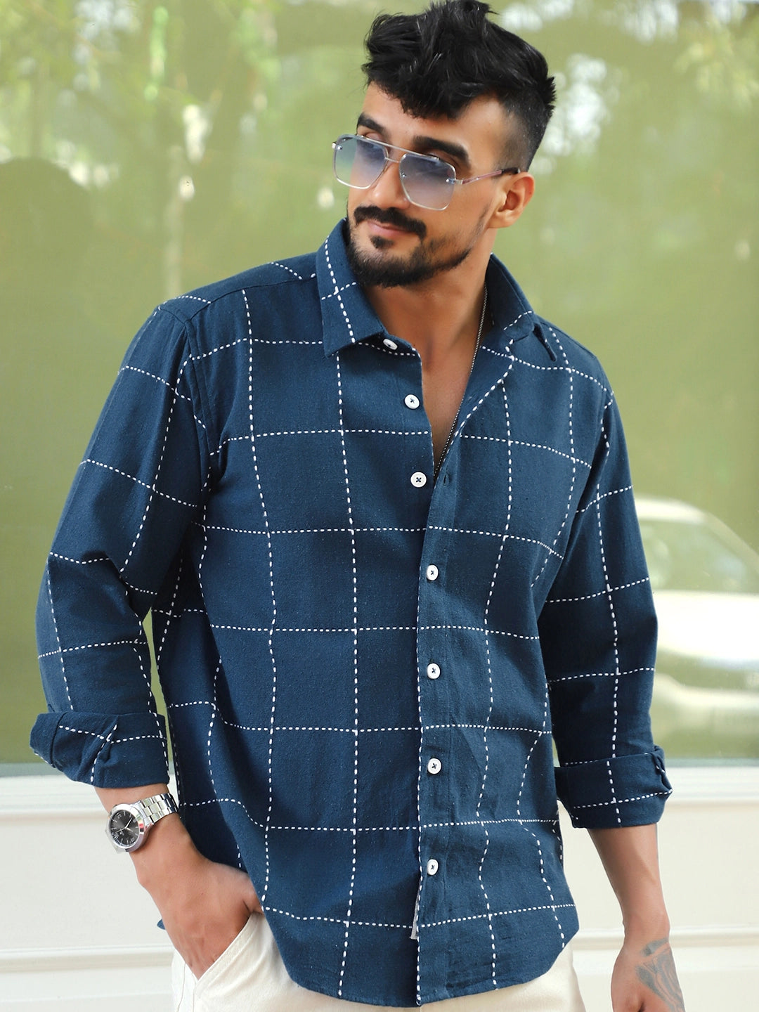 Skywave Teal Blue Check Full Sleeve Shirt
