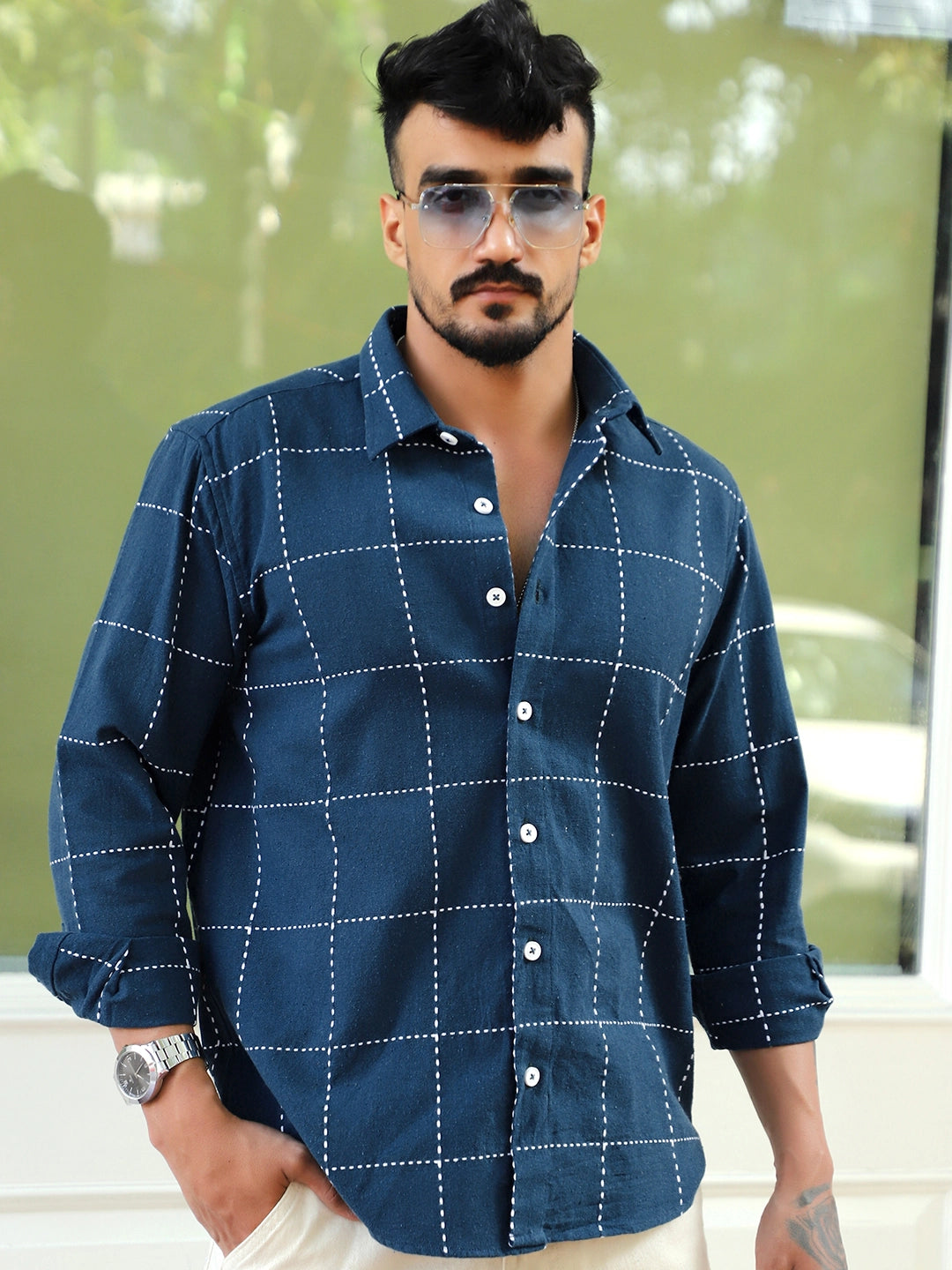 Skywave Teal Blue Check Full Sleeve Shirt