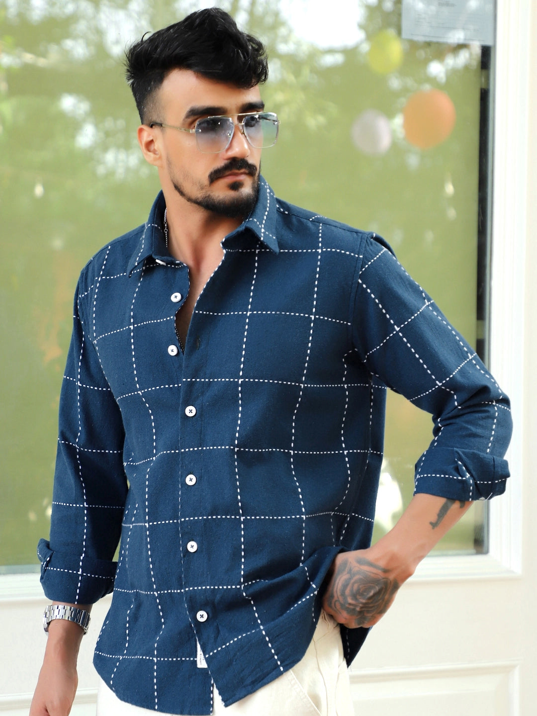 Skywave Teal Blue Check Full Sleeve Shirt