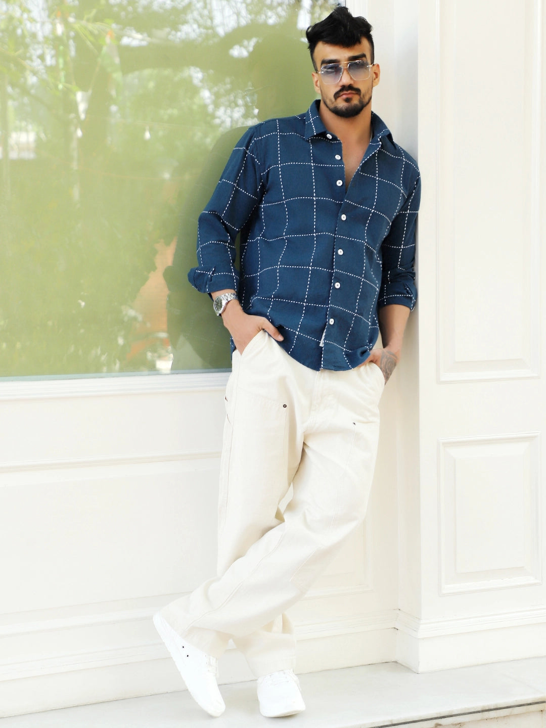 Skywave Teal Blue Check Full Sleeve Shirt