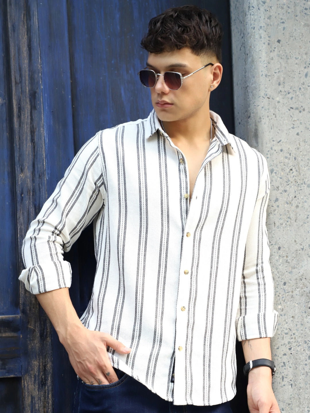 Shadow Moss Cream Stripe Full Sleeve Shirt