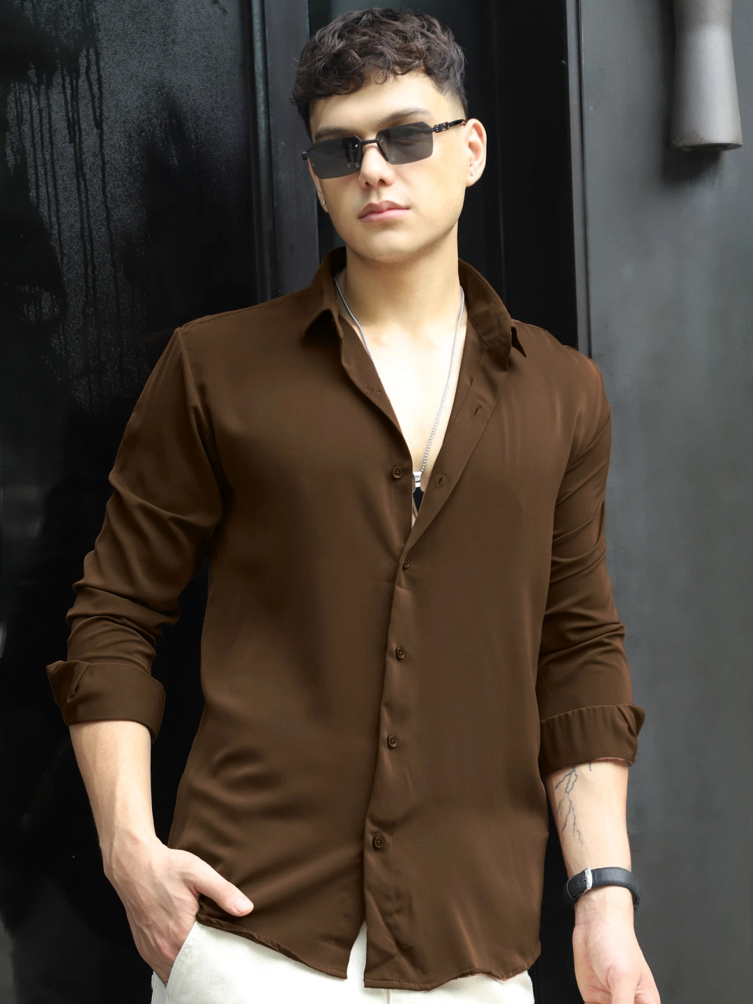 Oro Nero Dark Brown Full Sleeve Plain Shirt