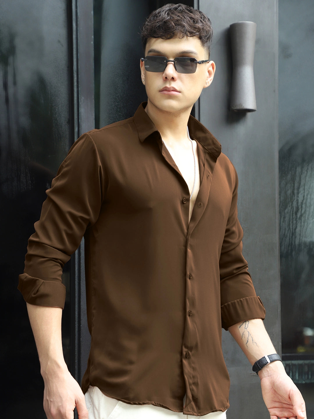 Oro Nero Dark Brown Full Sleeve Plain Shirt
