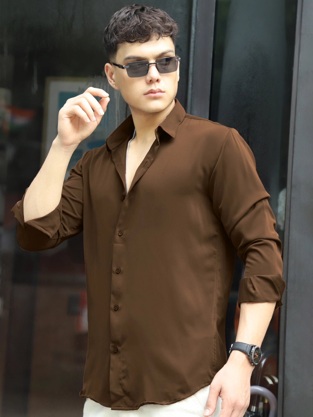 Oro Nero Dark Brown Full Sleeve Plain Shirt