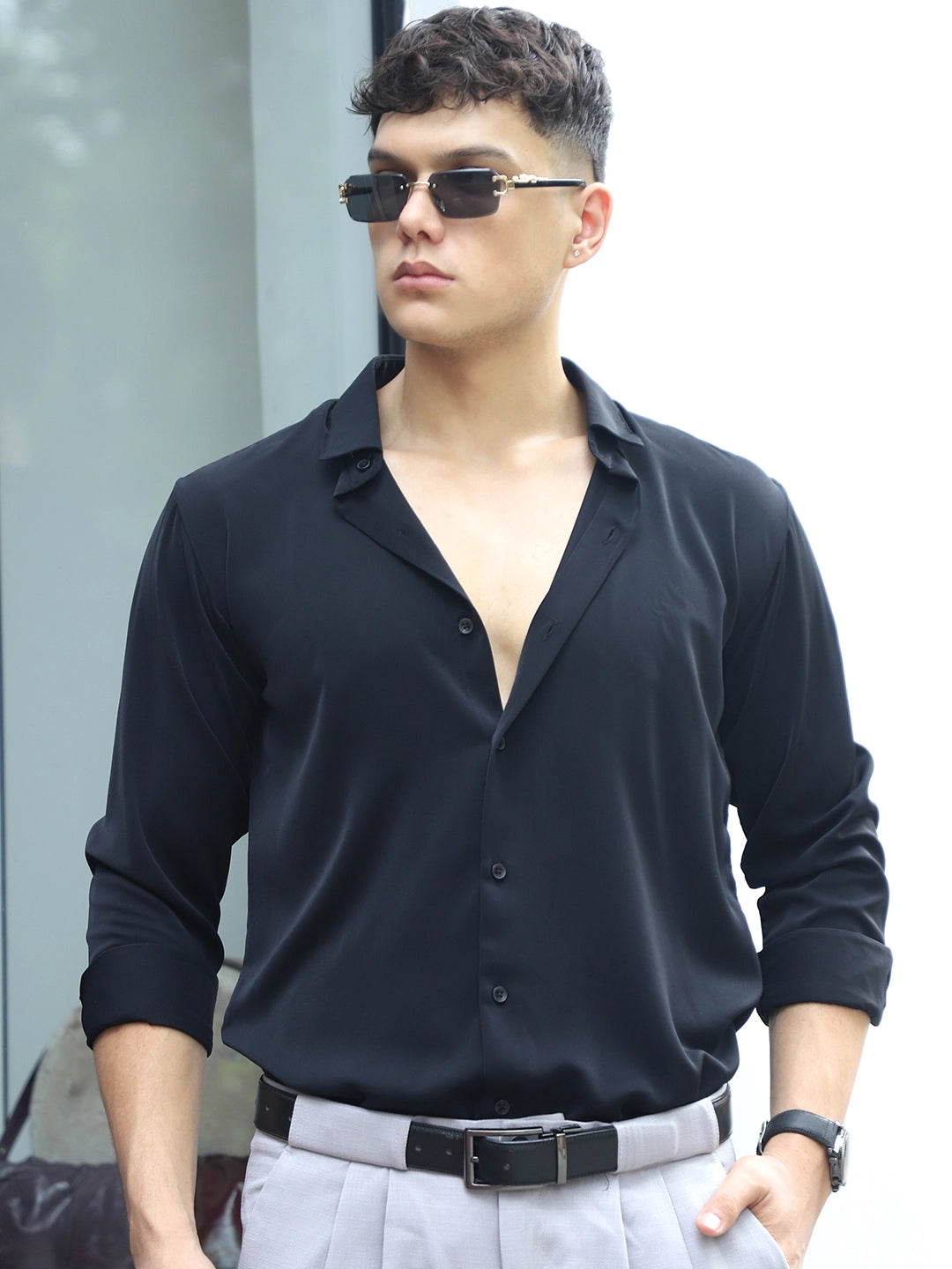 Oro Nero Black Full Sleeve Plain Shirt