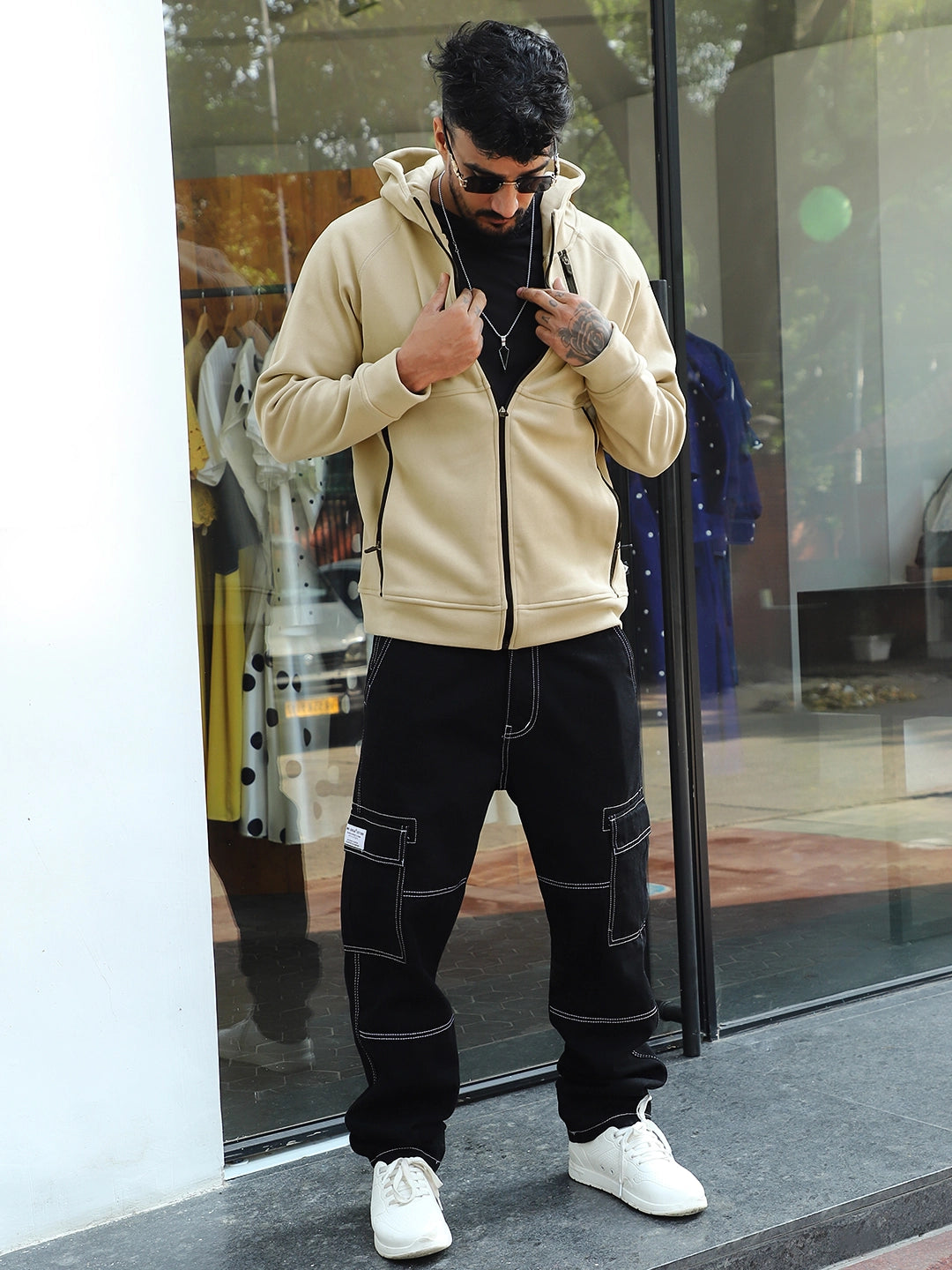 Wayfarer Beige Velvet Zipper Hoodie