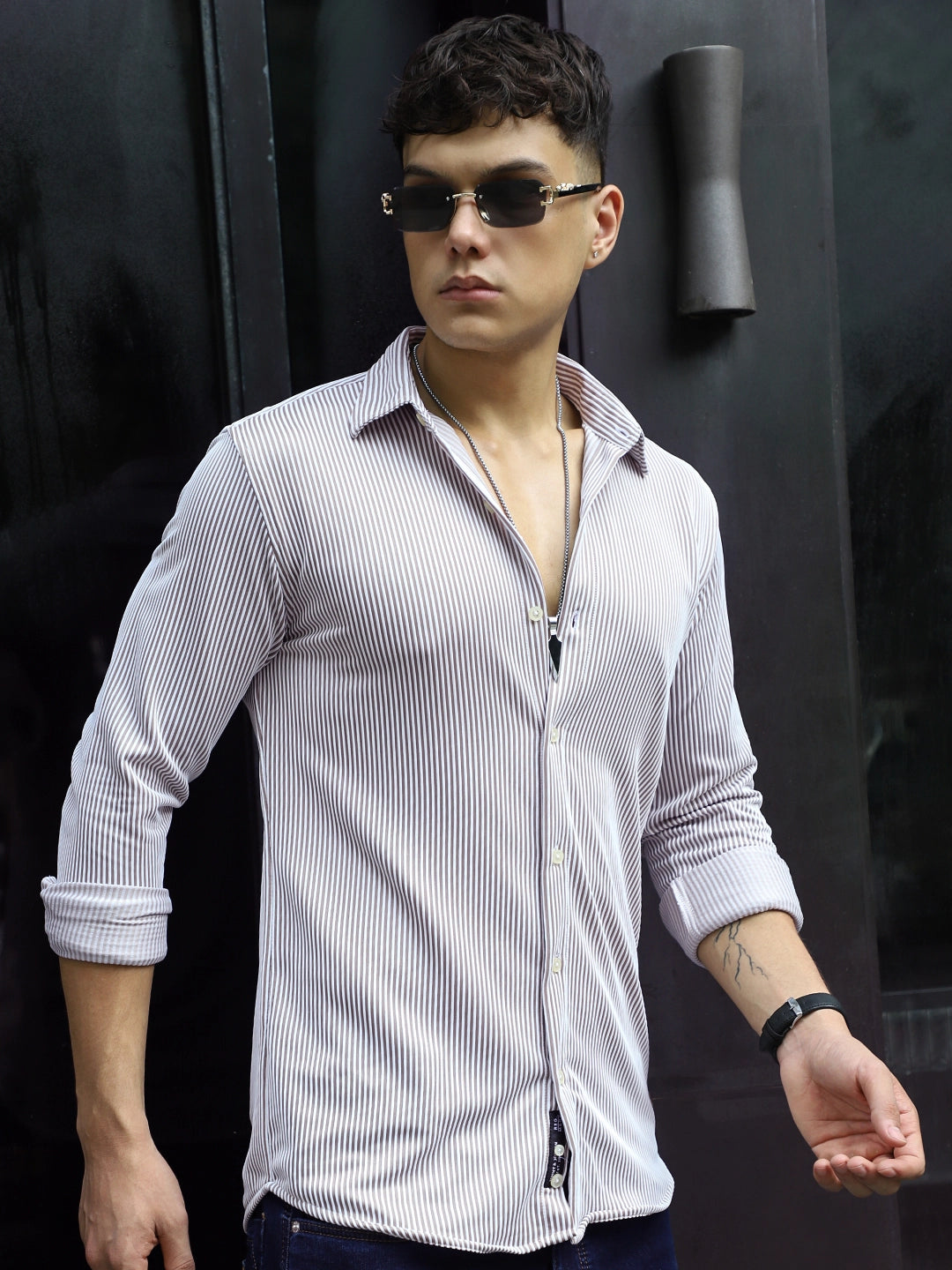 Sogno Lucido Brown Striped Full Sleeve Shirt
