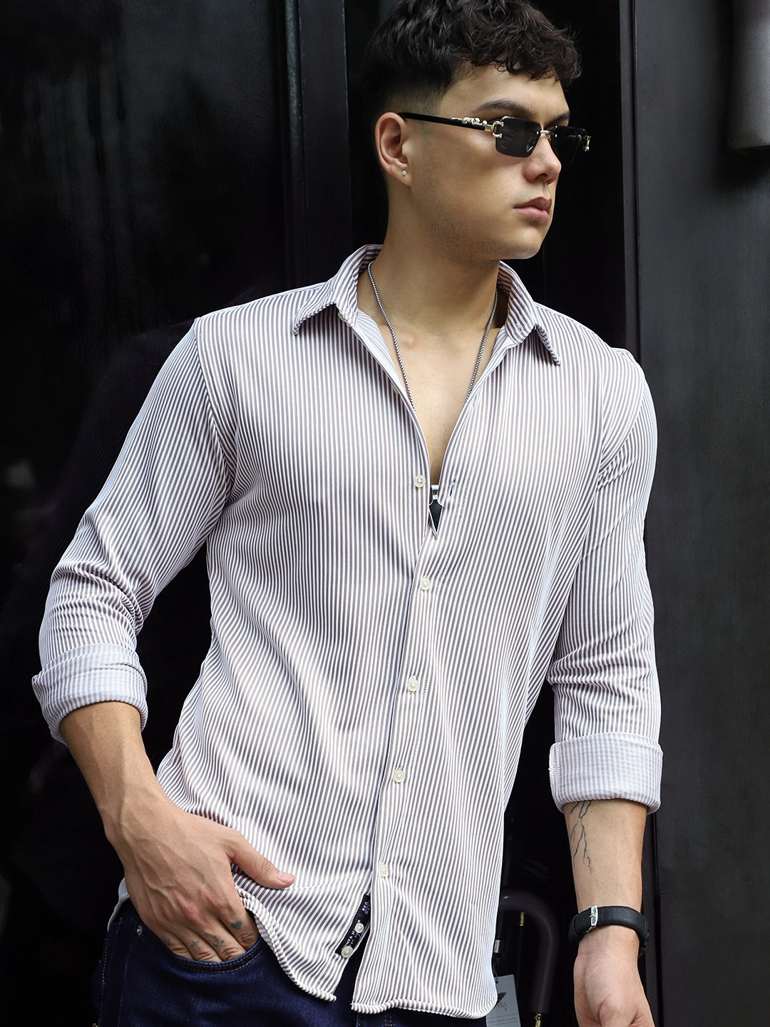 Sogno Lucido Brown Striped Full Sleeve Shirt