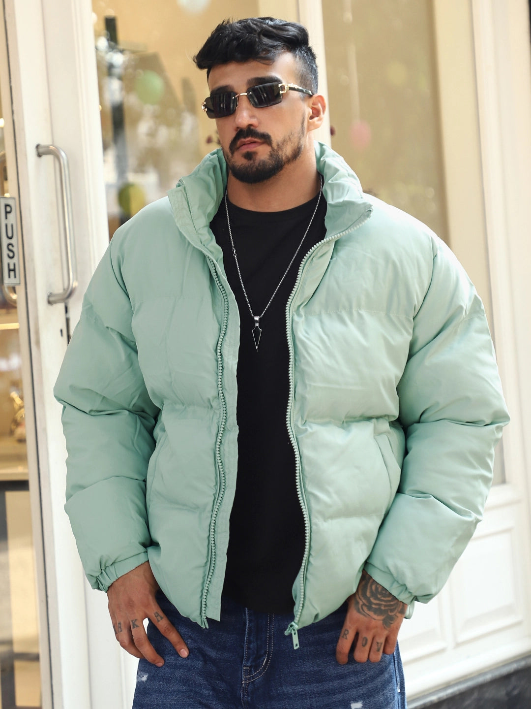 Urban Street Style Mint Blue Oversized Puffer Jacket