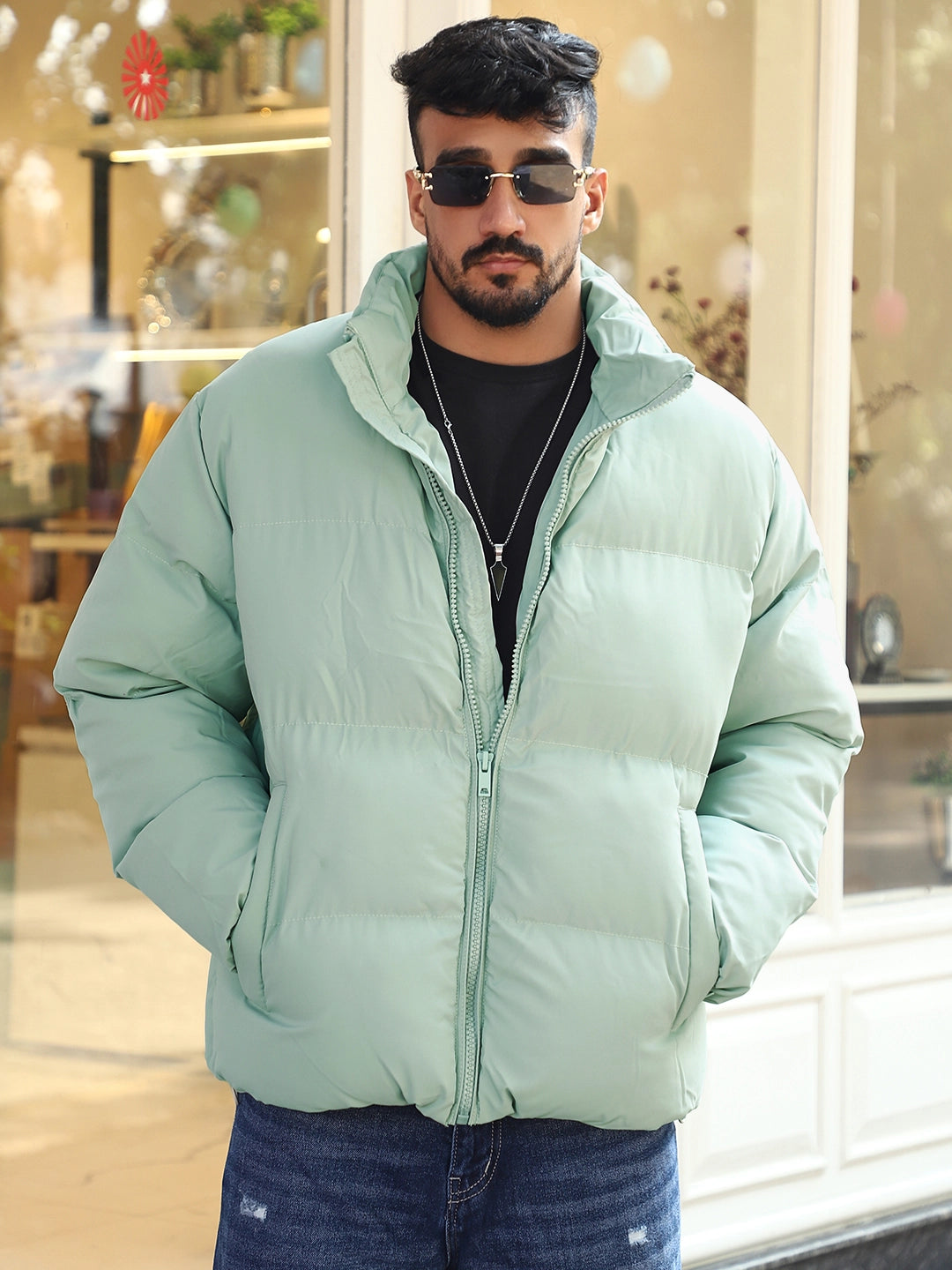 Urban Street Style Mint Blue Oversized Puffer Jacket