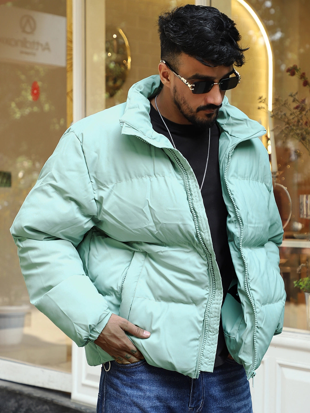 Urban Street Style Mint Blue Oversized Puffer Jacket
