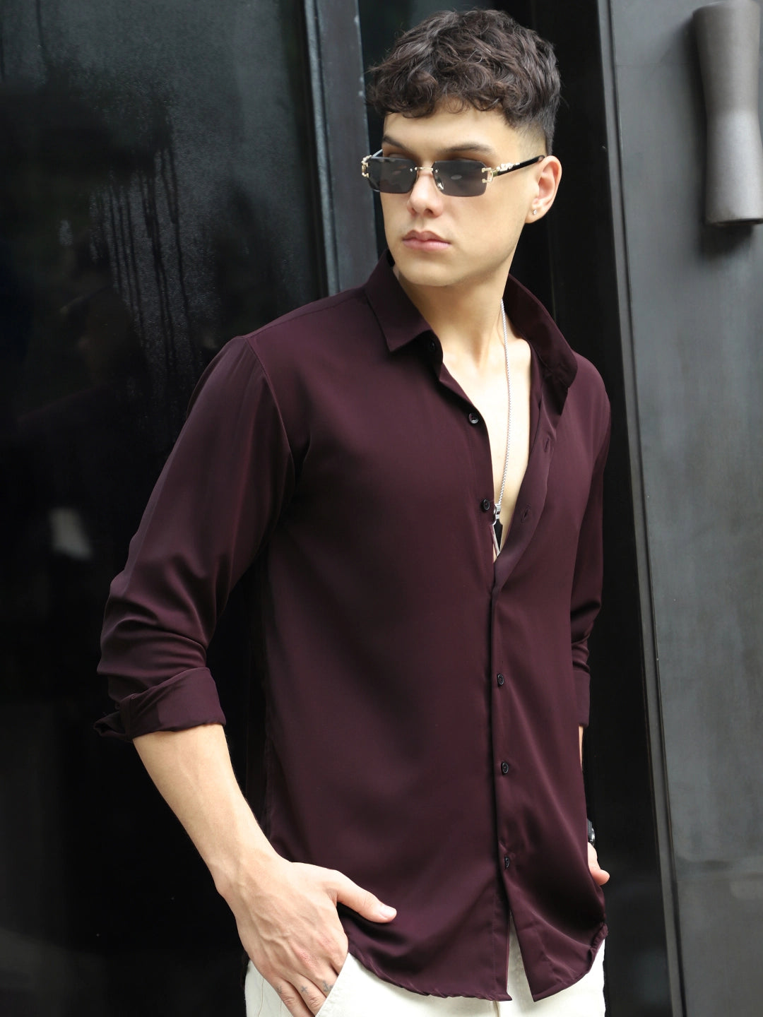 Oro Nero Wine Full Sleeve Plain Shirt