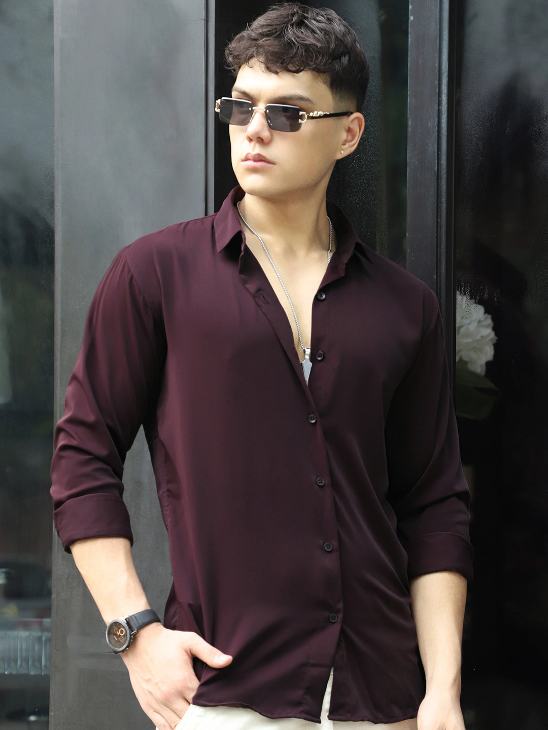 Oro Nero Wine Full Sleeve Plain Shirt