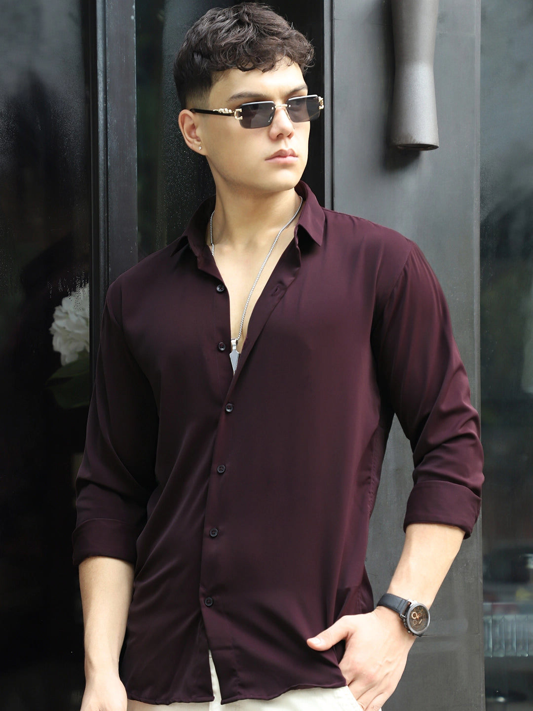 Oro Nero Wine Full Sleeve Plain Shirt